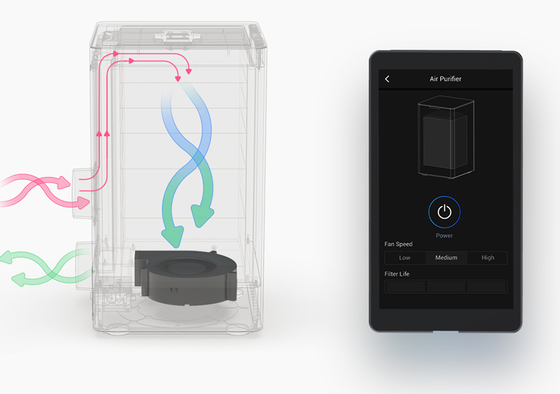 Snapmaker 2.0 Air Purifier graphic showing fan circulation and touchscreen control