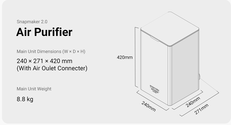 Snapmaker 2.0 Air Purifier with dimension callout 240W x 271D x 420H including air outlet connector. Main unit weight 8.8 kg.