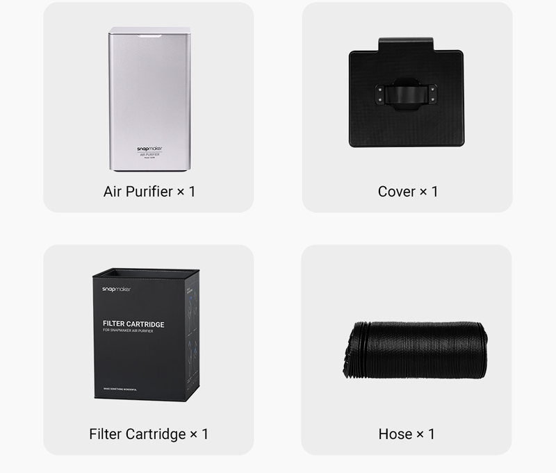 1 Snapmaker 2.0 Air Purifier, 1 cover, 1 filter cartridge, 1 hose.