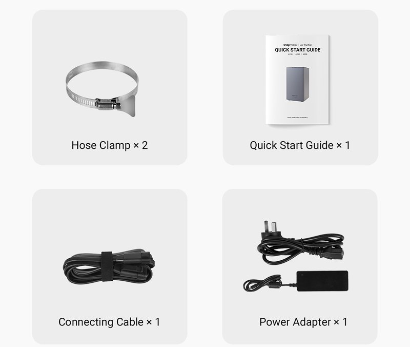 2 Hose clamps, 1 Quick Start Guide, 1 connecting cable, 1 power adapter