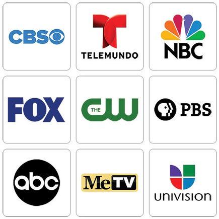 Many network logos including CBS, TelMundo, NBC, FOX, CW, PBS, ABD, MeTV, Univision