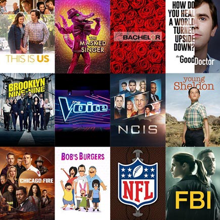 Images from popular shows including, This Is US, The Masked Singer, The Bachelor, The Voice, NCIS, Bob's Burgers, NFL, and more.