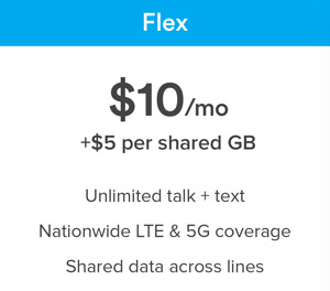 Ting Flex Plan $10 per month;  Plus$5 per shared GB; unlimited talk and text; nationwide LTE and 5G coverage; shared data across lines