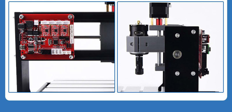 4 close up images of the Twotrees CNC 3018 Pro Router Kit functional parts.