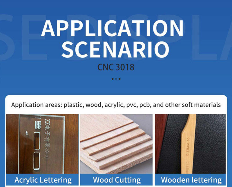 Application Scenario CNC 3018. Application areas, plastic, wood, acrylic, pvd, pcb, and other soft materials.