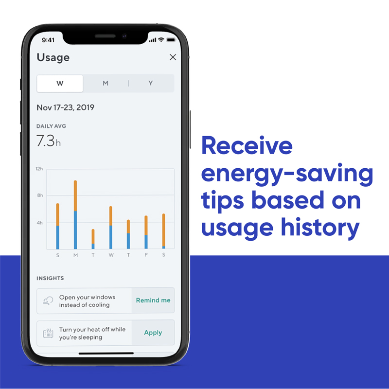 Wyze app displayed on a cell phone used to control the Wyze Thermostat. Receive energy saving tips based on usage history.