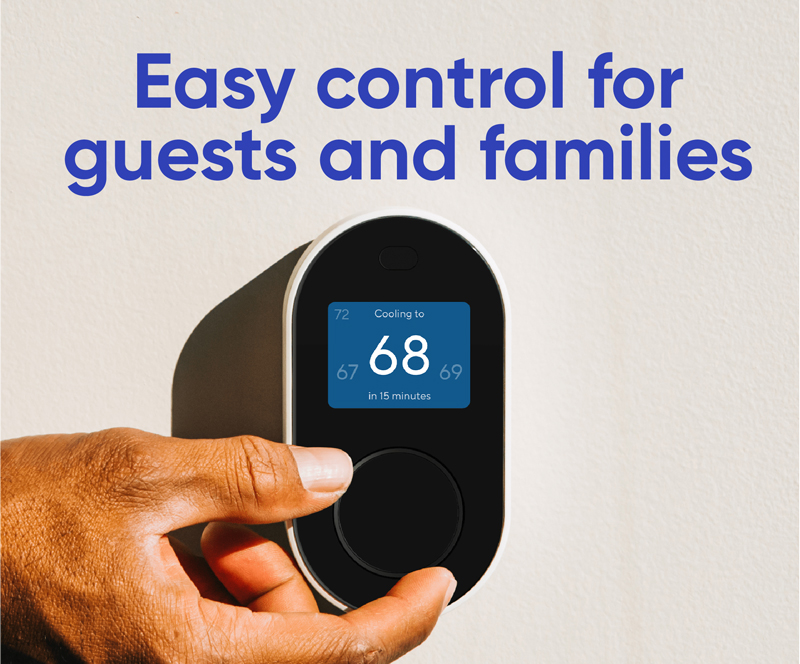 Close up of the Wyze Thermostat with temperature displayed. Easy control for guests and families.