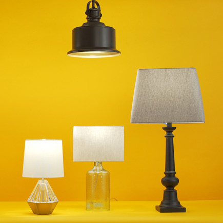 Image of hanging lamp and three desktop lamps