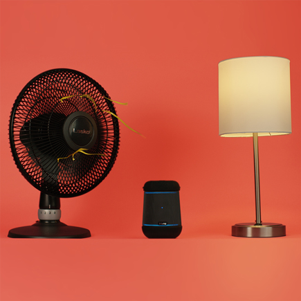 Image of a fan, smart assistant, lamp