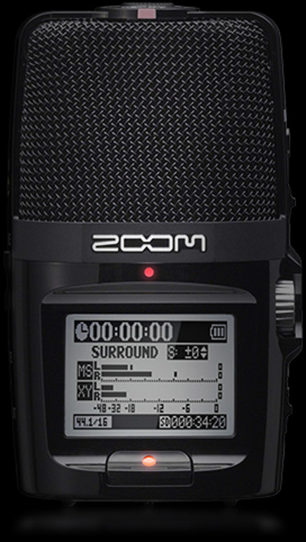 Close up  of the Zoom H2n Recorder  screen with surround sound data displayed