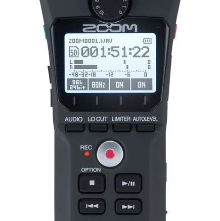 Close up of Zoom H1n microphone display and controls