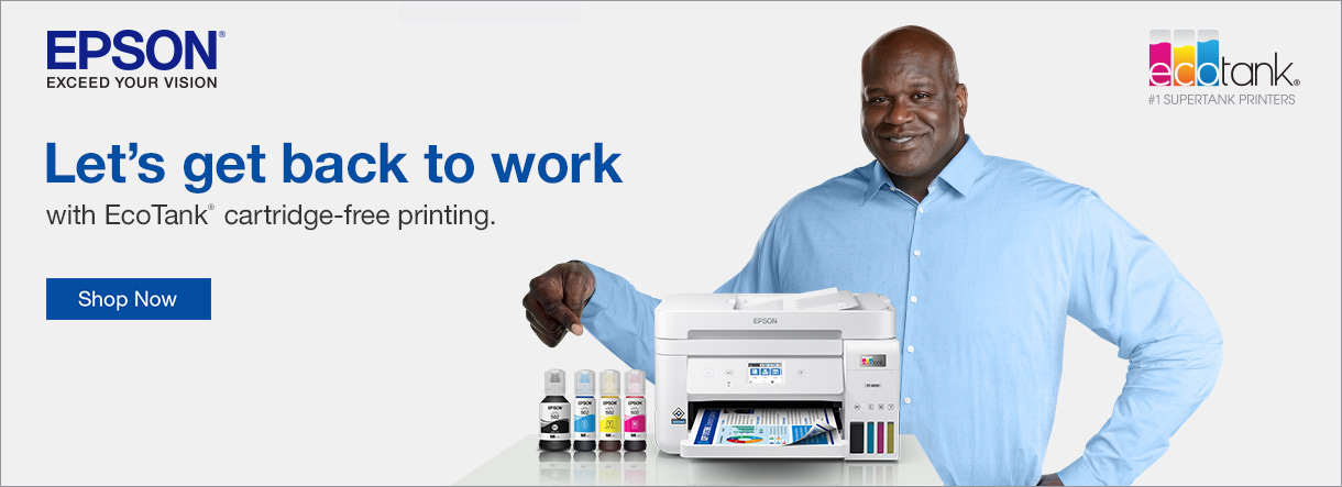 Let's Get Back to Work with Epson EcoTank cartridge-free Printing. Shop Now