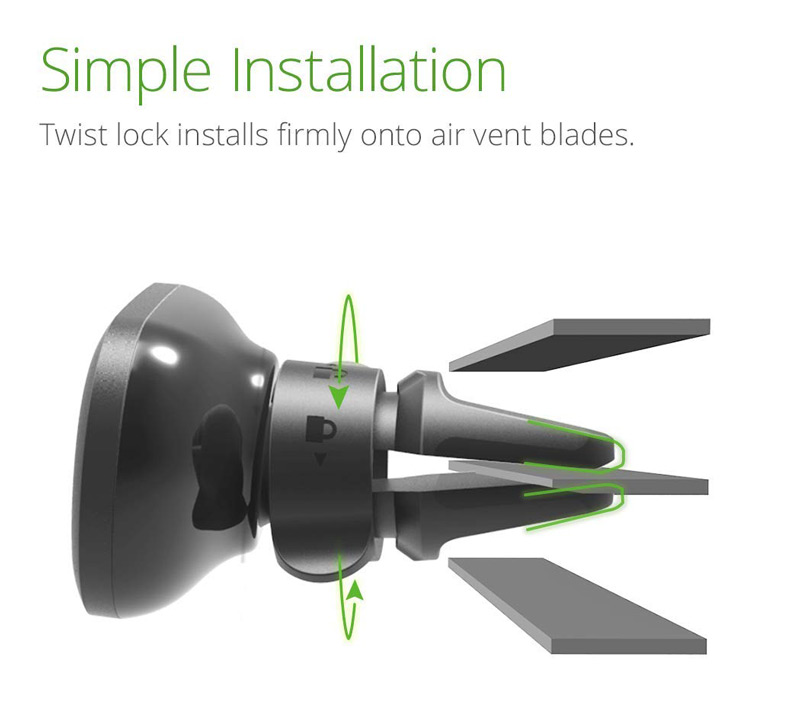 iOttie magnetic phone mount. Simple Installation. Twist lock installs firmly onto air vent blades.