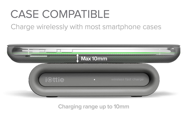 Case Compatible. Charge wirelessly with most smartphone cases. Charging range up to 10mm