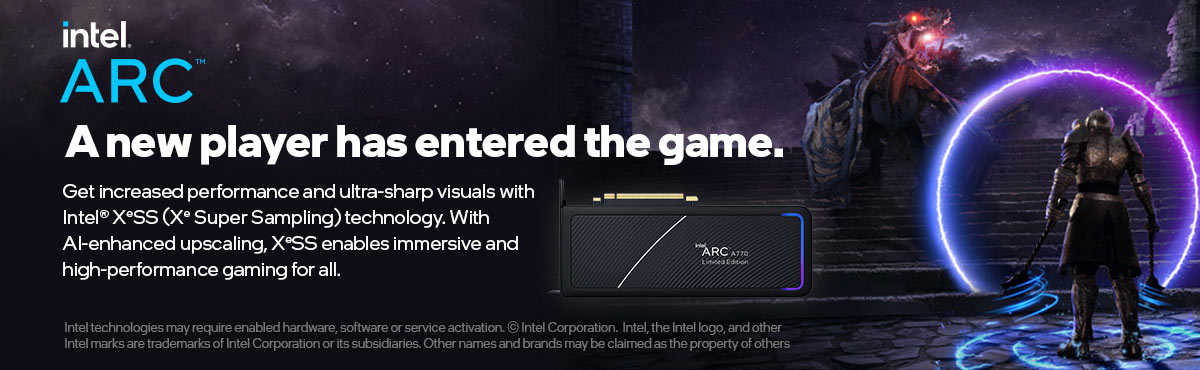 Intel Arc. A New Player has Entered the Game - Get increased performance and ultra-sharp visuals with Intel X SS (X Super Sampling) technology. With AI-enhanced upscaling, X SS enables immersive and high-performance gaming for all - SHOP NOW © Intel Corporation.