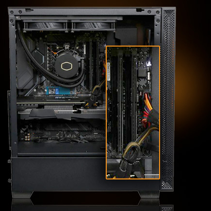 Closeup of the G900 case inside showing 16GB DDR4-3200 RAM