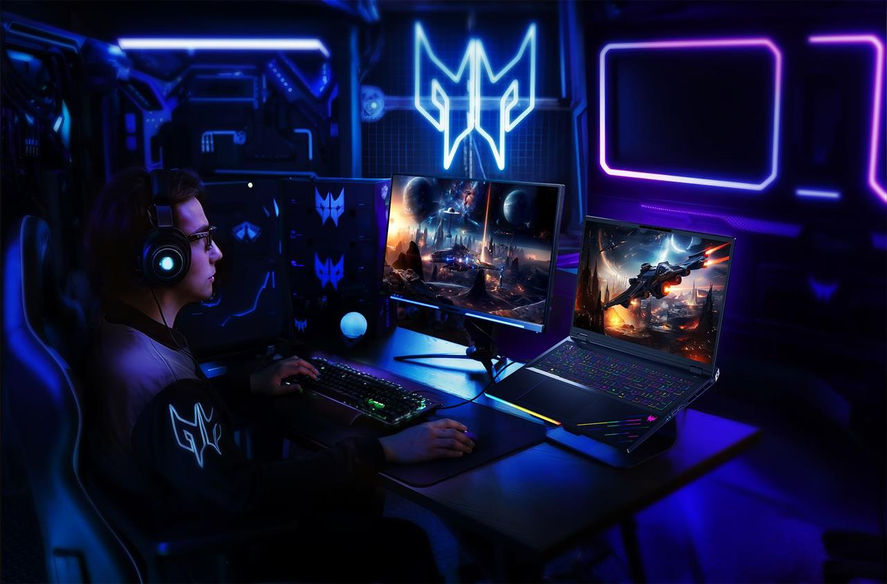 Person looking at an Acer Helios 18 in a neon lit room
