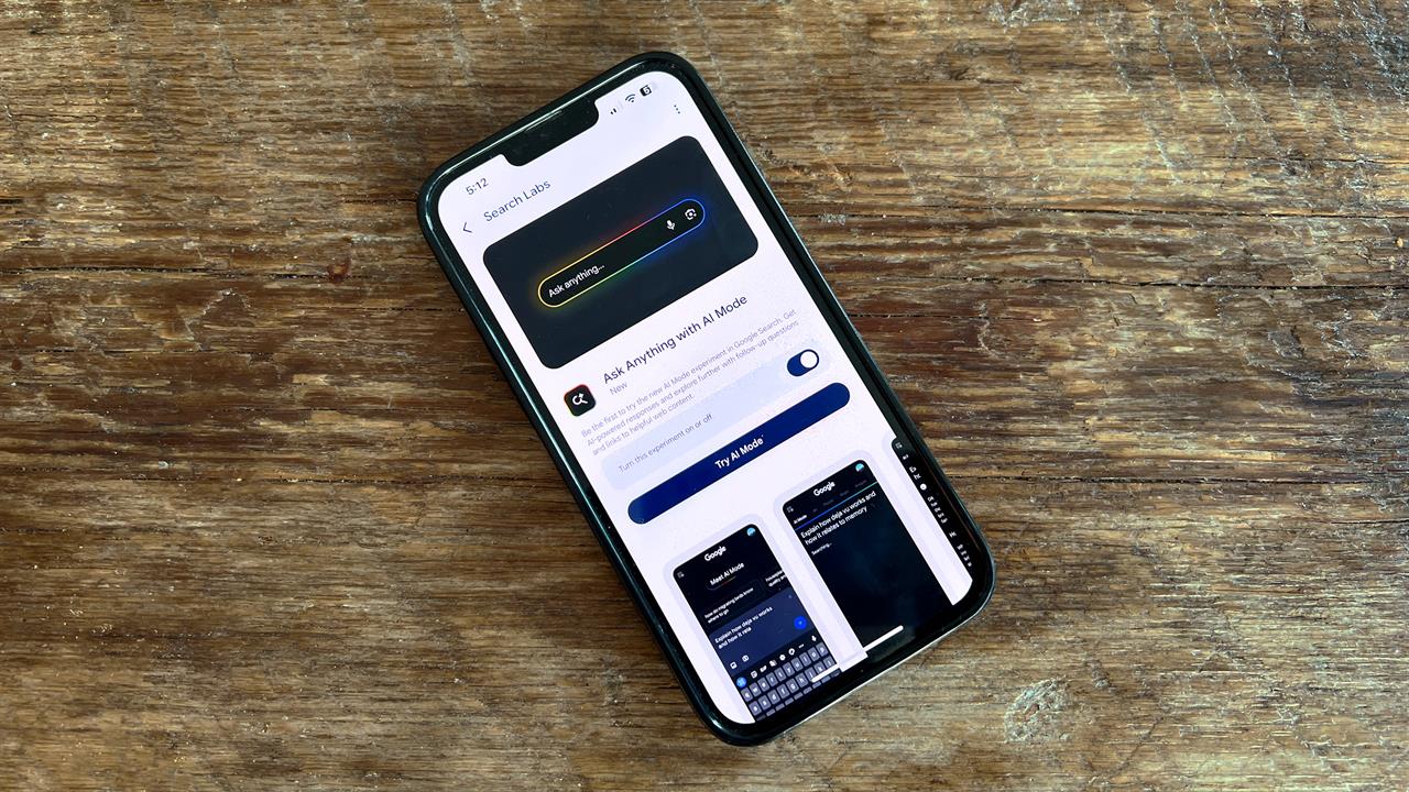 A phone showing Google AI tools.