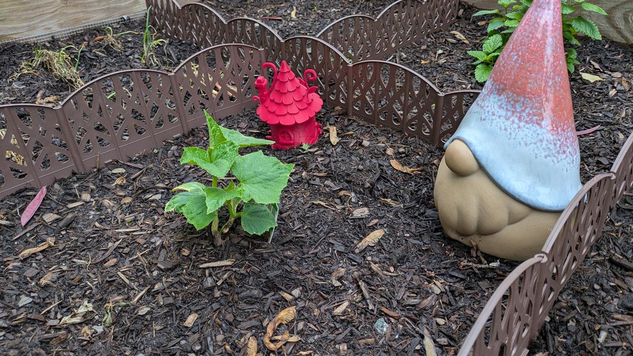 3D Printed House next to a gnome and plants