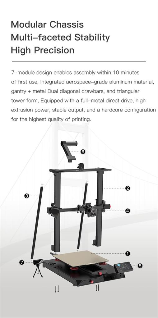 Modular Chassis Multifaceted Stability High Precision - 7-module design enables assembly within 10 minutes of first use, Integrated aerospace-grade aluminum material, gantry + metal Dual diagonal drawbars, and triangular tower form, Equipped with a full-metal direct drive, high extrusion power, stable output, and a hardcore configuration for the highest quality of printing.