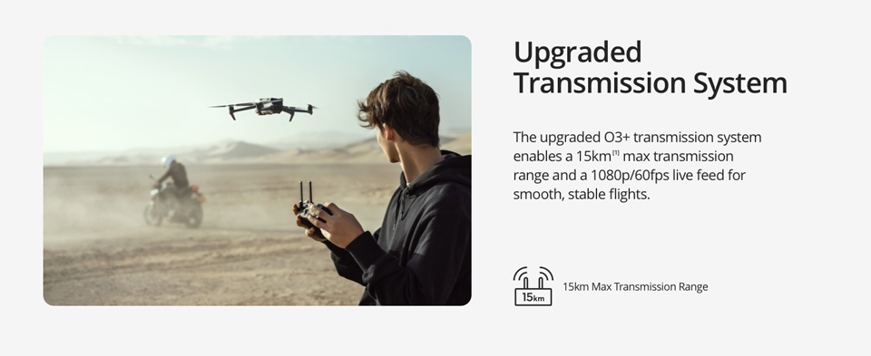 Upgraded Transmission System - The upgraded 03 plus transmission system enables a 15km max transmission range and a 1080p/60fps live feed for smooth, stable flights.