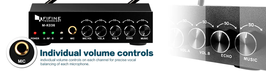 Individual volume controls on each channel for precise vocal balancing of each microphone