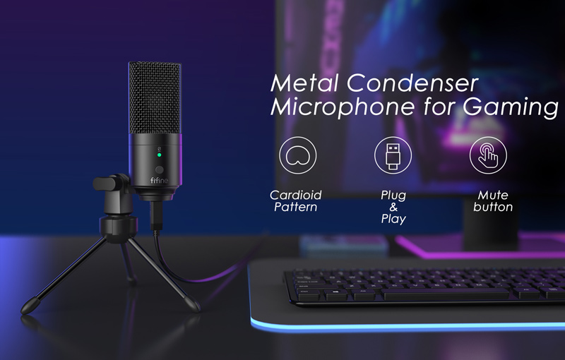 Fifine Metal condenser microphone for gaming. Cardoid pattern. Plug and play. Mute button