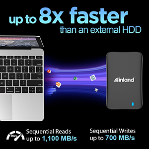 Up to 8x faster than an external HDD. Sequential Reads up to 1,100 MB/s. Sequential Writes up to 700 MB/s