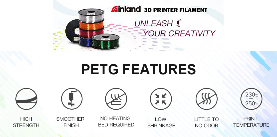 Inland 3D Printer Filament. Unleash Your Creativity. PETG Features. High strength, smoother finish, no heating bed required, low shrinkage, little to no odor, print temperature