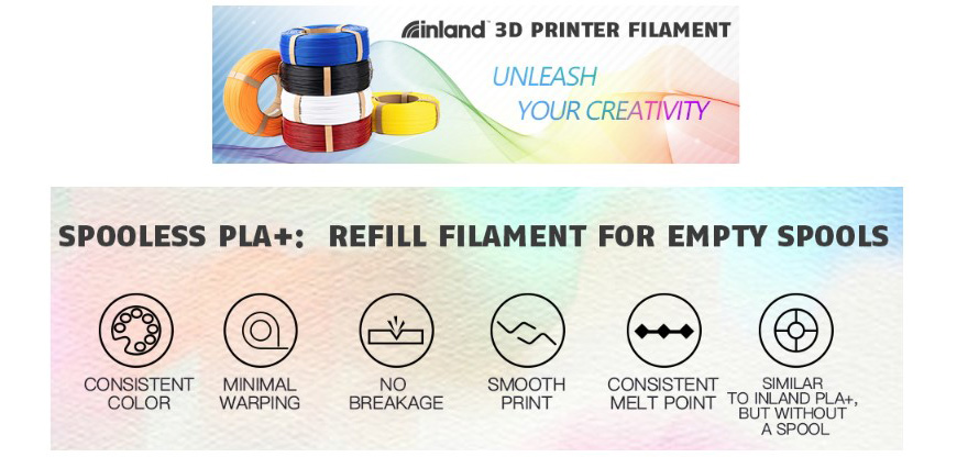 Inland 3D Printer Filament. Unleash Your Creativity. Spooless PLA Plus refill filament for empty spools. Consistent color, minimal warping, no breakage, smooth print, consistent melt point, similar to Inland PLA plus but without a spool