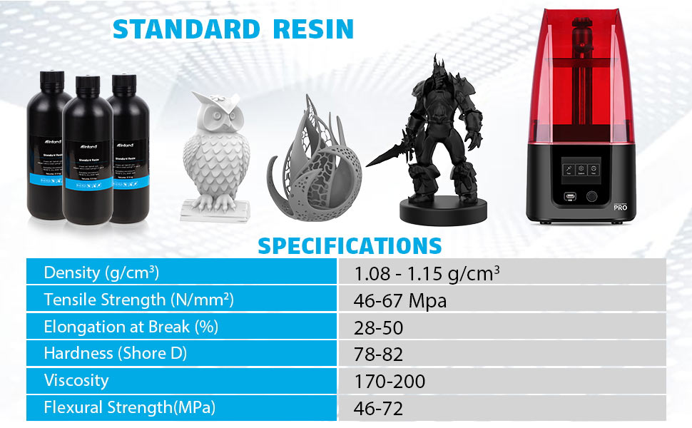 Standard Resin Specifications: Density - 1.08 -1.15 g per centimeter. Tensile Strength: 46-67 Mpa. Elongation at Break: 28/50%. Hardness: 78-82. Viscosity: 170-200. Flexural Strength: 46-72