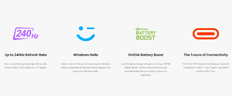 Up to 240Hz Refresh Rate. Windows Hello. NVIDIA Battery Boost. The Future of Connectivity