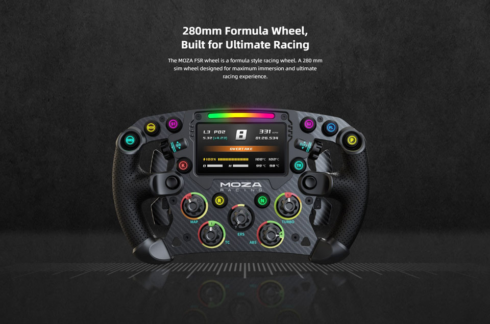 280mm Formula Wheel, Built for Ultimate Racing - The MOZA FSR wheel is a formula style racing wheel. A 280 mm sim wheel designed for maximum immersion and ultimate racing experience.