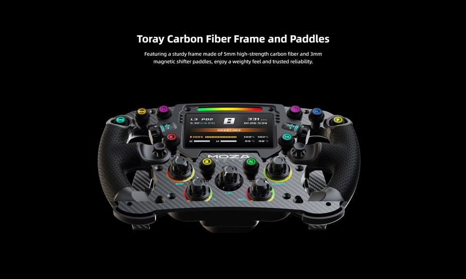 Toray Carbon Fiber Frame and Paddles - Featuring a sturdy frame made of 5mm high-strength carbon fiber and 3mm magnetic shifter paddles, enjoy a weighty feel and trusted reliability,