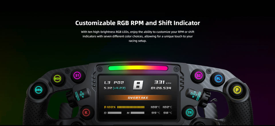 Customizable GB RPM and Shift Indicator - With ten high-brightness GB LEDs, enjoy the ability to customize your RPM or shift indicators with seven different color choices, allowing for a unique touch to your racing setup.