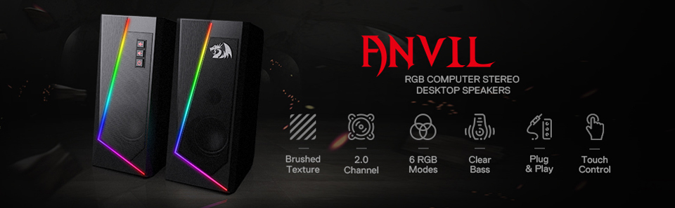Anvil RGB Computer Stereo Desktop Speakers. Brushed texture, 2.0 channel, 6 RGB modes, clear bass, plug and play, touch control