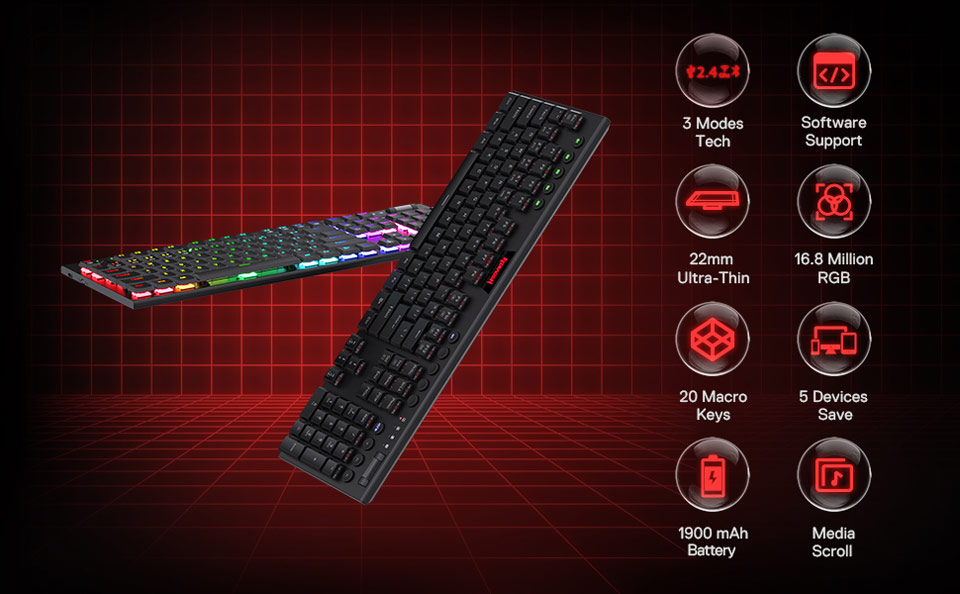 Teclado Gamer Inalambrico Mecanico Redragon Horus Bluetooth K619-RGB-SP  Full size Red Switch - Infopartes Computación