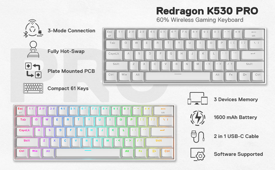 Redragon K530 Pro 60 percent Wireless Gaming Keyboard - 3 mode connection, fully hot-swap, plate mounted PCB, compact 61 keys, 3 devices memory, 1600 mAH battery, 2 in 1 USB C cable, software supported