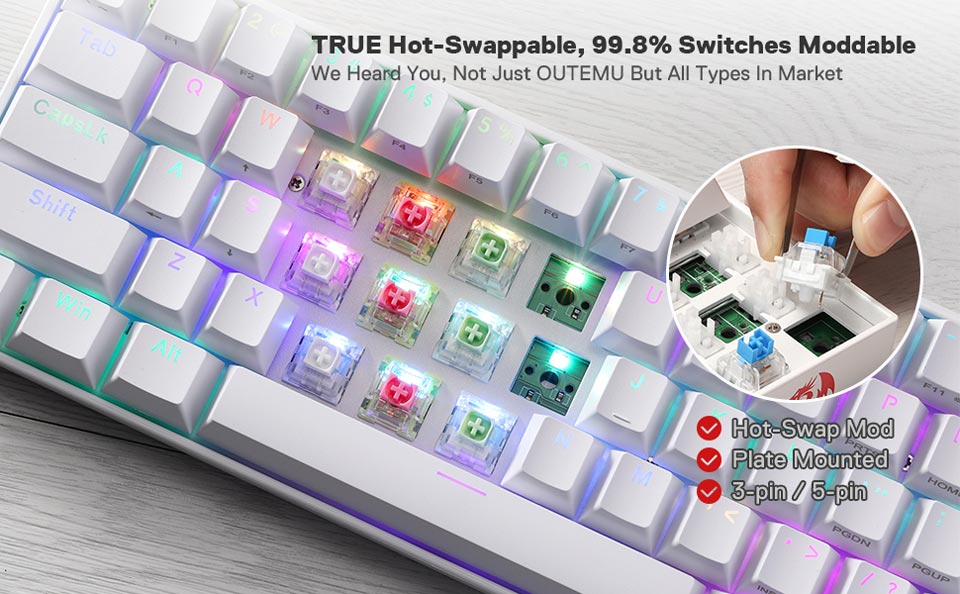 True Hot-Swappable, 99.8 percent Switches Moddable. We heard you, not just OUTEMU but all types in the market. Hot-swap mod, plate mounted, 3-pin 5-pin