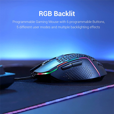 RGB Baclit. Programmable Gaming Mouse with 6 programmable buttons. 5 different user modes and multiple backlighting effects.