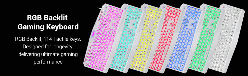 RGB Backlit Gaming Keyboard - RGB Backlit, 114 Tactile keys. Designed for longevity, delivering the ultimate gaming experience.