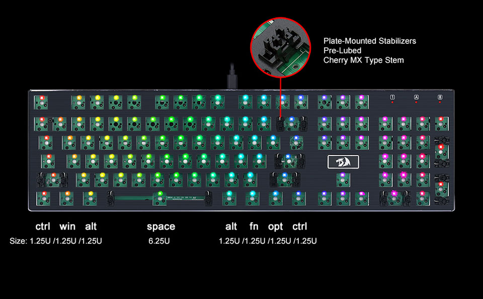 Plate-mounted Stabilizers. Pre-lubed Cherry MX type stem