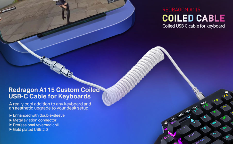 Redragon A115 Coiled Cable - Coiled USB C Cable for Keyboard. A really cool addition to any keyboard and an aesthetic upgrade to your desk setup. Enhanced with double sleeve, Metal aviation connector, Professional reversed coil, Gold plated USB 2.0