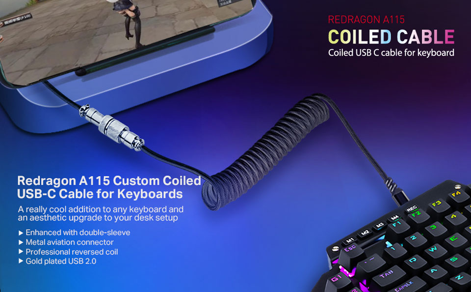 Redragon A115 Coiled Cable - Coiled USB C Cable for Keyboard. A really cool addition to any keyboard and an aesthetic upgrade to your desk setup. Enhanced with double sleeve, Metal aviation connector, Professional reversed coil, Gold plated USB 2.0