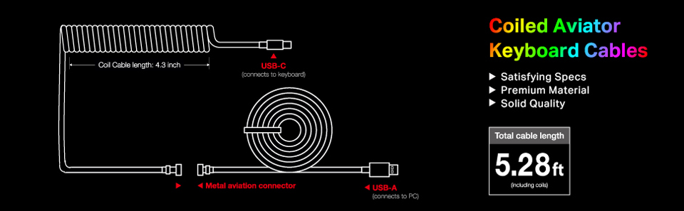 Coiled Aviator Keyboard Cables. Satisfying specs, premium material, Solid quality. 5.28 ft total cable length