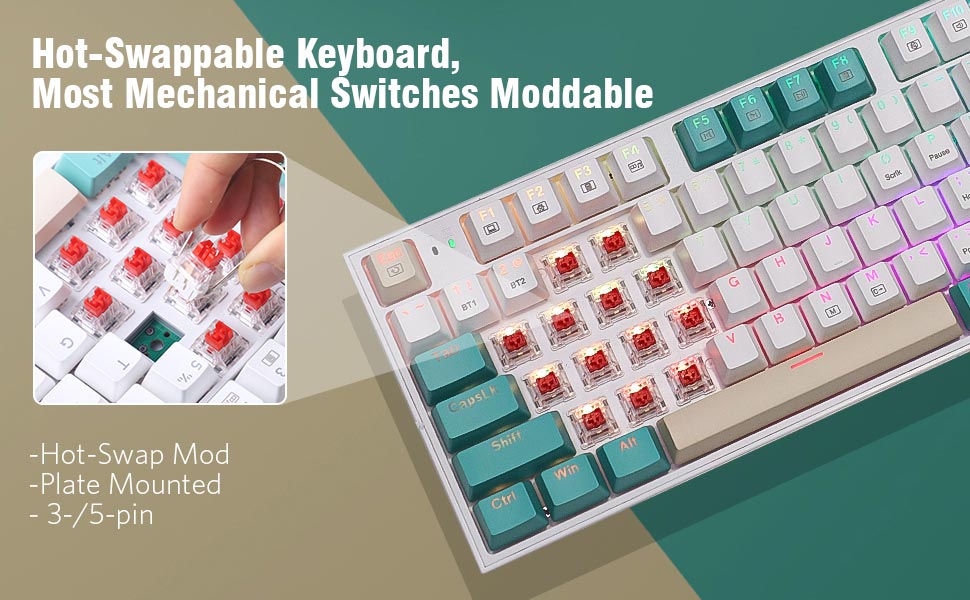 Hot-Swappable Keyboard, Most Mechanical Switches Moddable. Hot-Swap Mod. Plate Mounted. 3-/5-pin