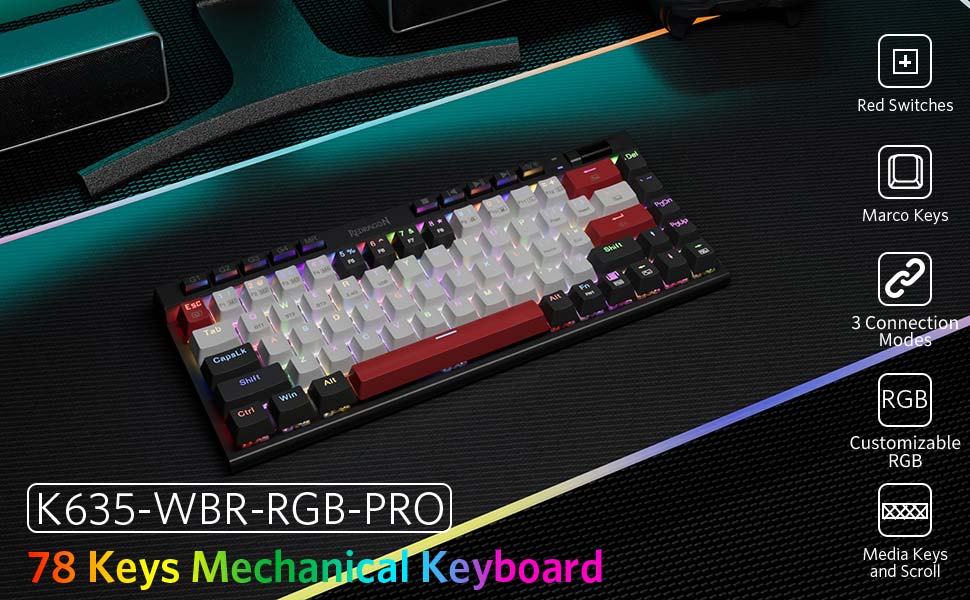 K635-WBR-RGB-PRO - 78 Keys Mechanical Keyboard. Red switches, Marco keys, 3 connection modes, customizable RGB, media keys and scroll