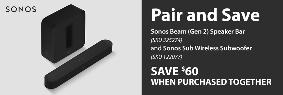 Pair and Save - Sonos Beam (Gen 2) Speaker Bar (SKU 325274) and Sonos Sub Wireless Subwoofer (SKU 122077) - SAVE $60 when PURCHASED TOGETHER