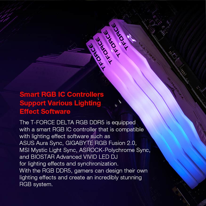 Smart RGB IC Controllers Support Various Lighting Effect Software. The T-FORCE DELTA RGB DDR5 is equipped with a smart RGB IC controller that is compatible with lighting effect software such as ASUS Aura Sync, GIGABYTE RGB Fusion 2.0, MSI Mystic Light Sync, ASROCK-Polychrome Sync, and BIOSTAR Advanced VIVID LED DJ for lighting effects and synchronization. With the RGB DDR5, gamersd can design their own lighting effects and create an incredibly stunning RGB system