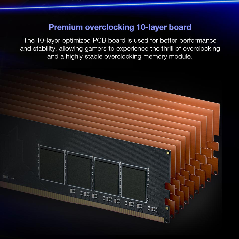 Premium overlocking 10-layer board - The 10-layer optimized PC board is used for better performance and stability, allowing gamers to experience the thrill of overclocking and a highly stable overlocking memory module.